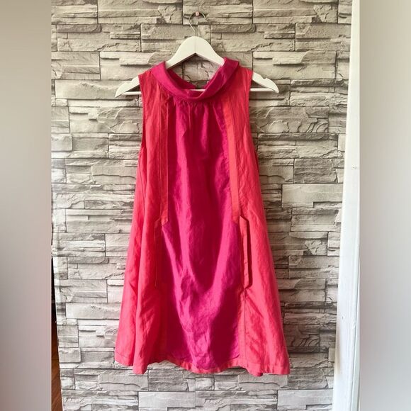 H&M || Hot Pink Collared High Neckline Blouson Linen Dress 4 - Picture 1 of 12